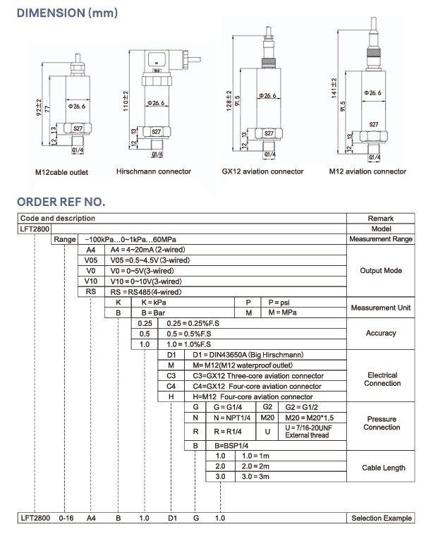 LFT2800 Lefoo Transmisor de presión de silicona de difusión lleno de aceite Tabla seleccion de sensores LFT2800