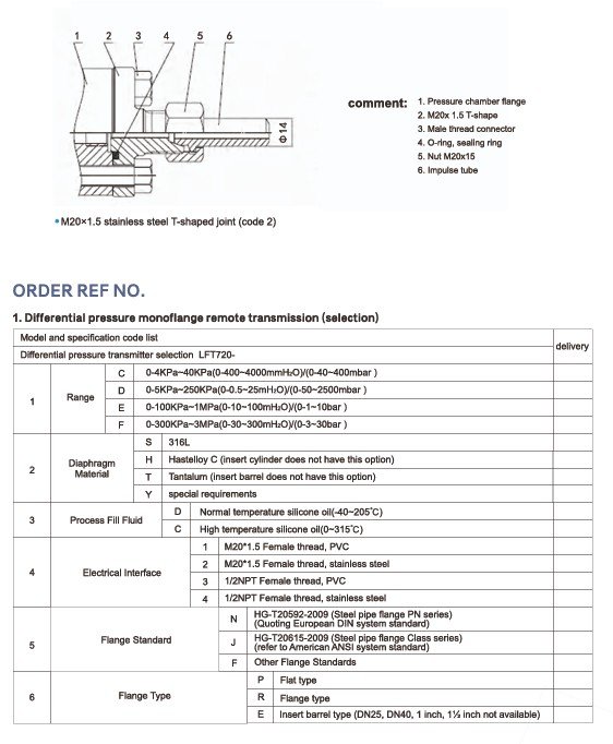 Lefoo LFT720B Transmisor de presión diferencial con doble sello remoto Order reference 1