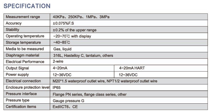 Lefoo LFT720B Transmisor de presión diferencial con doble sello remoto Espec tabla 1